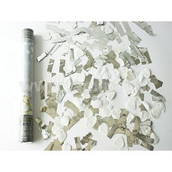 Konfetti wystrzałowe 40 cm (białe serca, srebrne serpentynki) - konfetti pneumatyczne